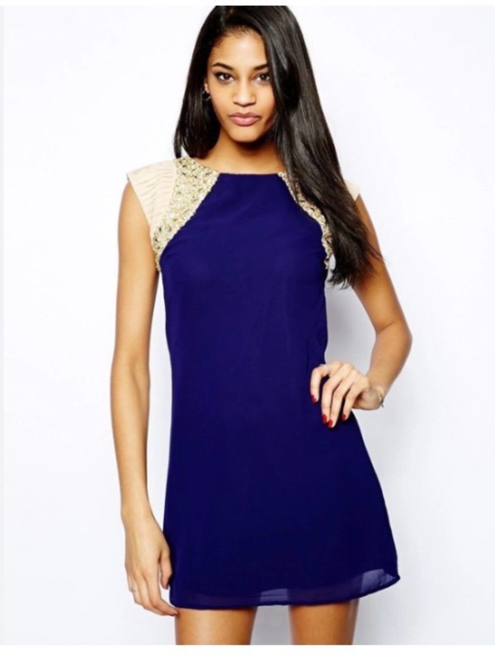 Navy Mini Dress with Cream Beaded Cap Sleeves